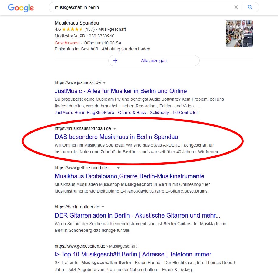 Das normale organische Suchergebnis von Google