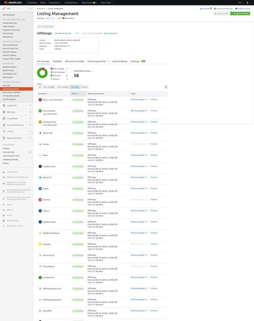 The dashboard of the local listing management tool from Semrush